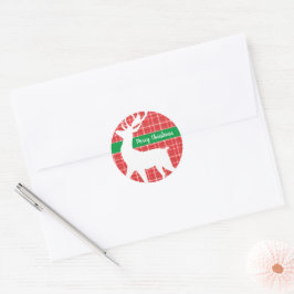 Pegatina Redonda Rene Red Plaid Twill Pattern Feliz Navidad