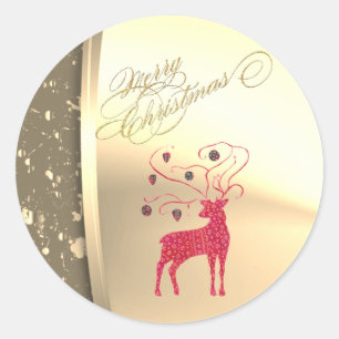 Pegatina Redonda Reno de Navidad Retro Falso Oro