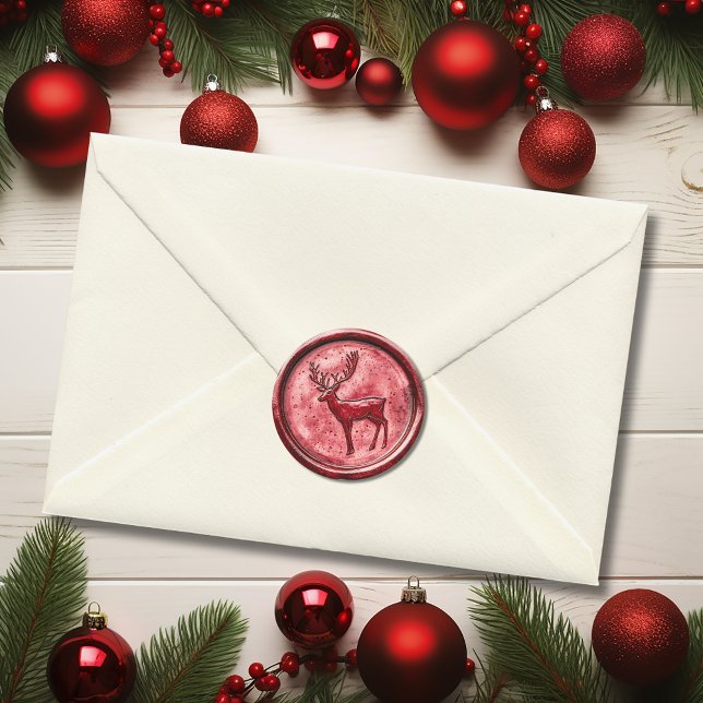 Pegatina Redonda Reno de Navidad Rojo Cera Falsa (Christmas Reindeer Red Faux Wax Classic Round Sticker)