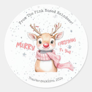 Pegatina Redonda Reno de Navidad Rosa