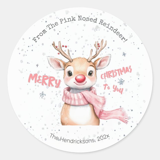 Pegatina Redonda Reno de Navidad Rosa (Anverso)