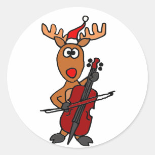 Pegatina Redonda Reno divertido que juega navidad del violoncelo