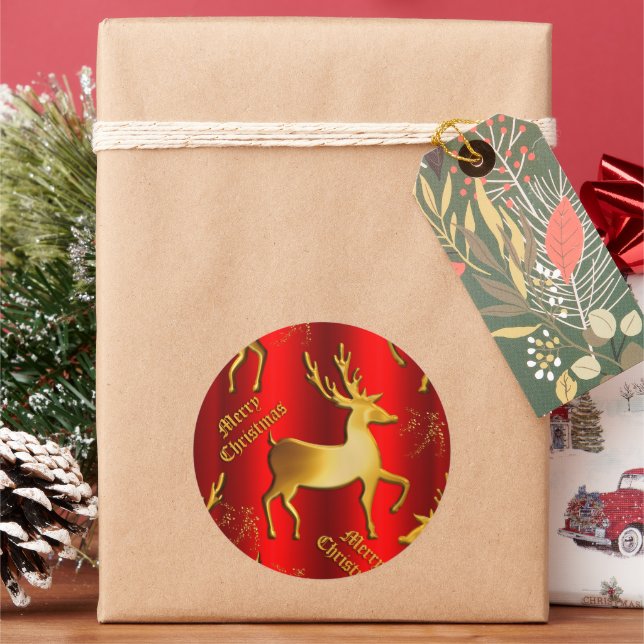 Pegatina Redonda Reno dorado en Navidad roja (Vacaciones)