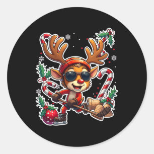 Pegatina Redonda Reno jugando hockey Navidad Xmas niños 