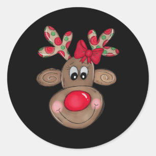 Pegatina Redonda Reno lindo, Feliz Navidad, Chicas a niños