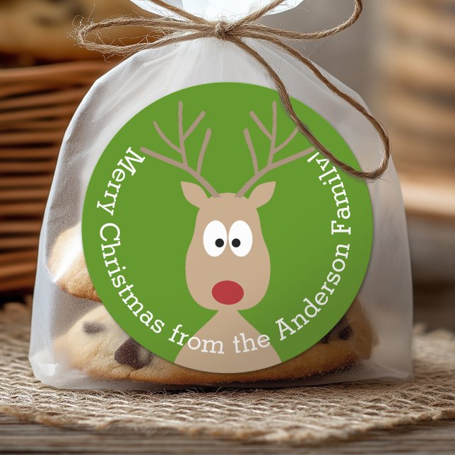 Pegatina Redonda Reno Personalizado lindo - Feliz saludo de Navidad (Custom Sticker for Party Favors or Envelopes)