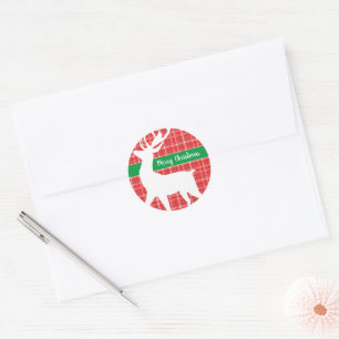 Pegatina Redonda Reno Rojo Cuadro Patrón de Twill Feliz Navidad