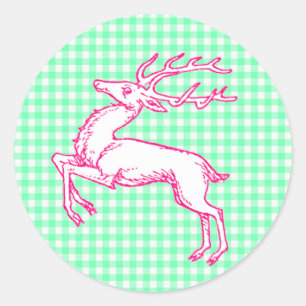 Pegatina Redonda Reno rosa Verde Gingham