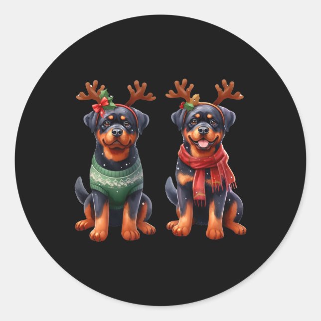 Pegatina Redonda Reno rottweiler Santa Hat Xmas enciende Navidad (Anverso)
