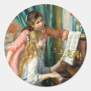 Pegatina Redonda Renoir Dos Niñas en el Piano Imprimir Música Arte