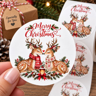 Pegatina Redonda Renos de Navidad Nórdicos Amor Invernal