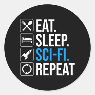 Pegatina Redonda Repetición de ciencia ficción de Eat Sleep