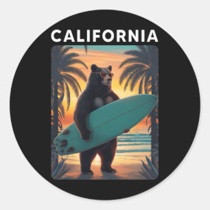 Pegatina Redonda República Fresca de California Oso Surfista Playa