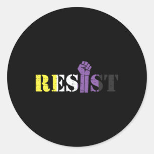Pegatina Redonda Resist Raised Fist Protest Lgbtq Bandera No binari