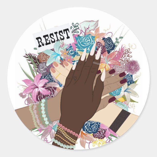 Pegatina Redonda Resistir juntos - Floral Feminist Activism Art (Anverso)