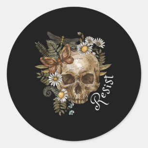 Pegatina Redonda Resistir sutilmente anti Trump Skull Floral Botáni