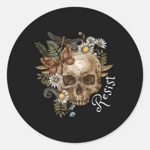 Pegatina Redonda Resistir sutilmente anti Trump Skull Floral Botáni