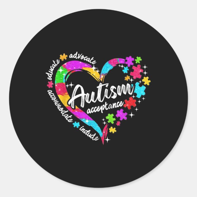 Pegatina Redonda Respect Love Support Heart Autism Awareness Mes (Anverso)