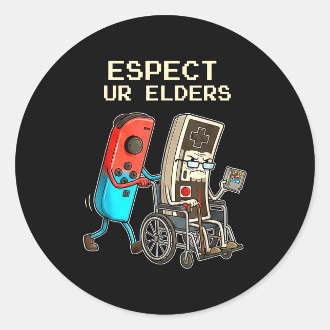 Pegatina Redonda Respect Ur Elders Retro Gaming Controller Funny  (Anverso)