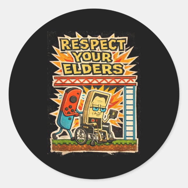 Pegatina Redonda Respect Your Elders Funny Gamer Controller 80s Ret (Anverso)