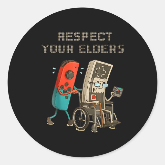 Pegatina Redonda Respect Your Elders Funny Retro Gaming Clic Consol (Anverso)