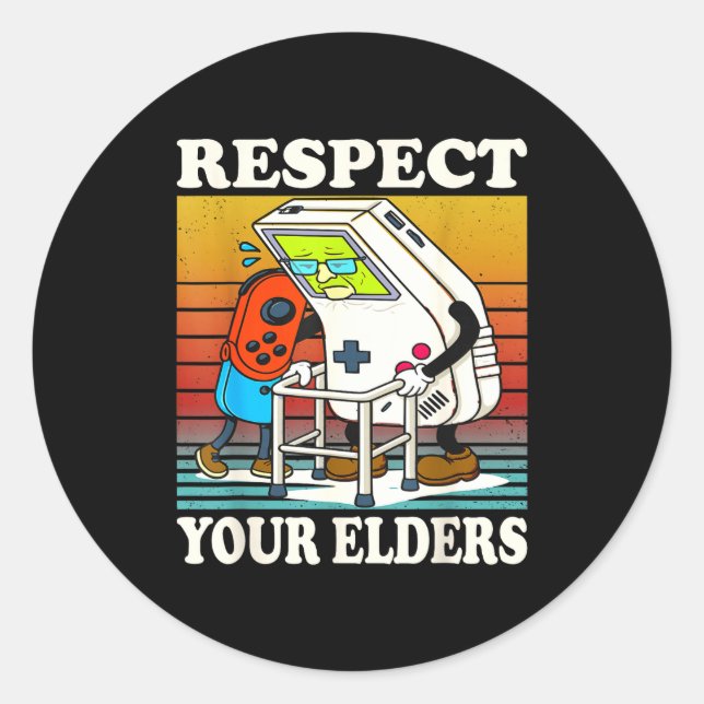 Pegatina Redonda Respect Your Elders Gaming Control 80s Retro Funny (Anverso)
