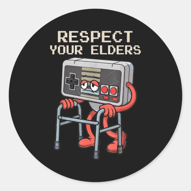 Pegatina Redonda Respect Your Elders Gaming Control Retro Funny Gam (Anverso)
