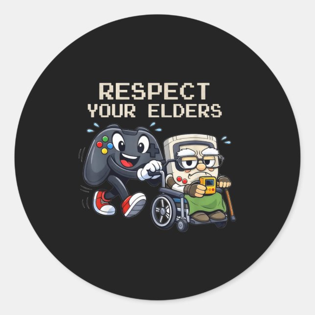 Pegatina Redonda Respect Your Elders Gaming Control Retro Funny Gam (Anverso)