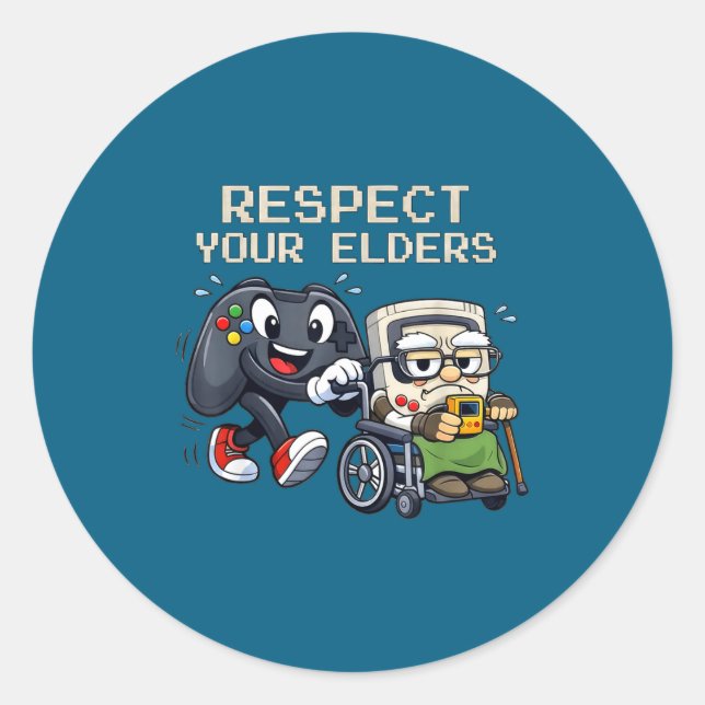 Pegatina Redonda Respect Your Elders Gaming Control Retro Funny Gam (Anverso)