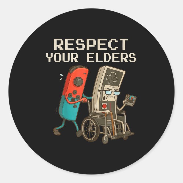 Pegatina Redonda Respect Your Elders Gaming Control Retro Funny Gam (Anverso)