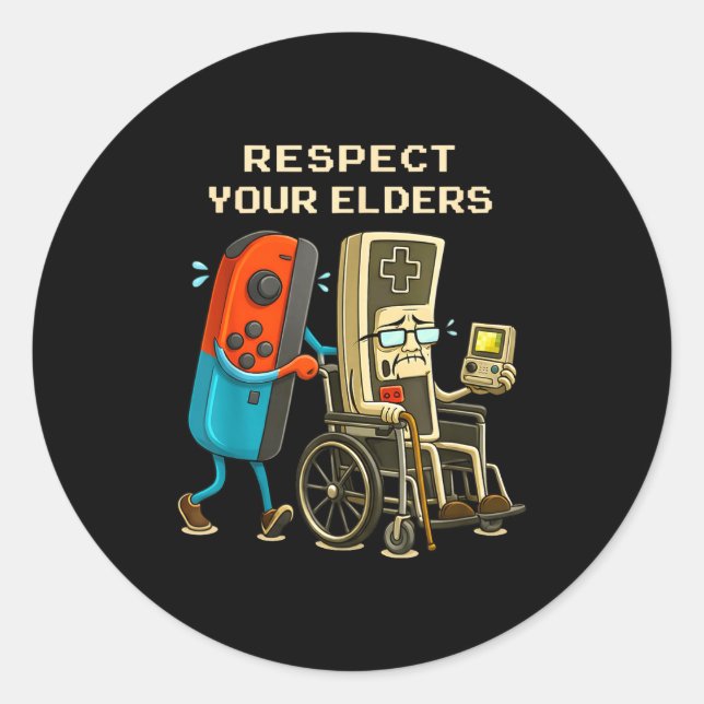 Pegatina Redonda Respect Your Elders Gaming Control Retro Funny Gam (Anverso)