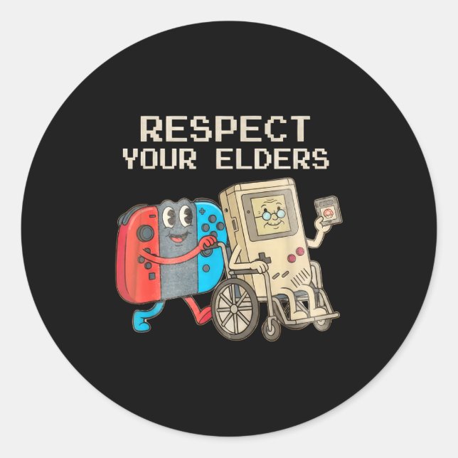 Pegatina Redonda Respect Your Elders Gaming Control Retro Funny Gam (Anverso)