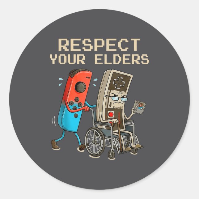 Pegatina Redonda Respect Your Elders Retro Gaming Controller Funny  (Anverso)