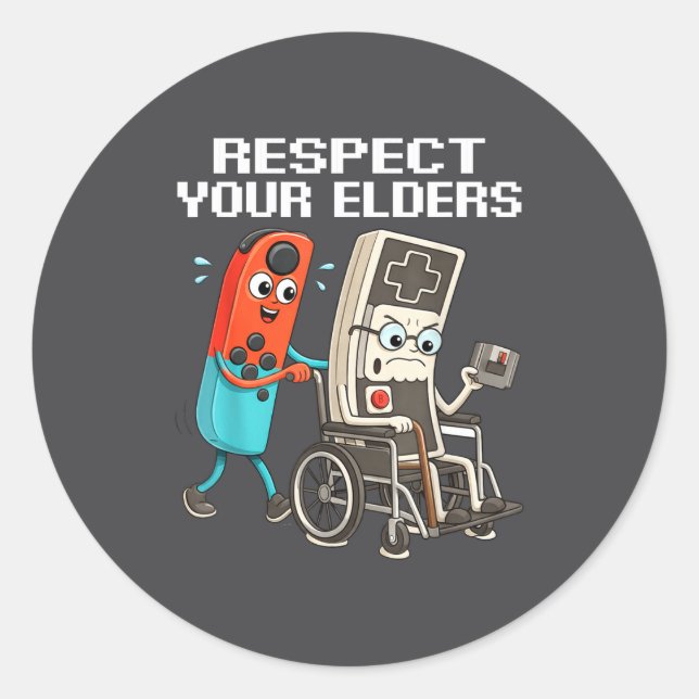 Pegatina Redonda Respect Your Elders Retro Gaming Funny Controller  (Anverso)