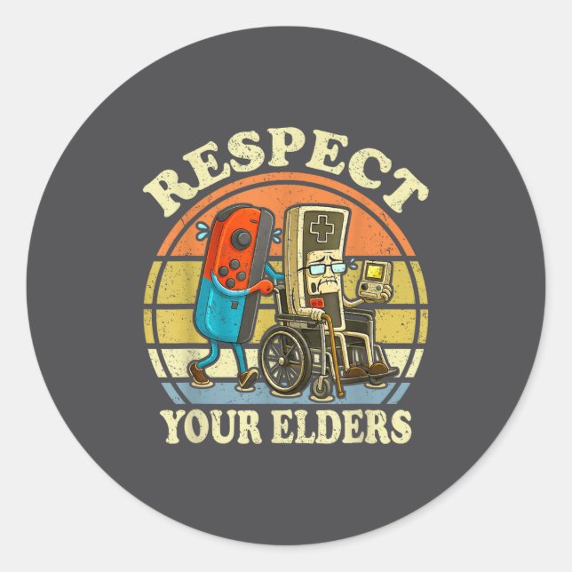 Pegatina Redonda Respect Your Elders Retro Gaming Funny Controller  (Anverso)