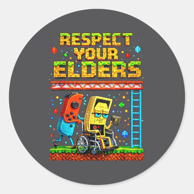Pegatina Redonda Respect Your Elders Retro Gaming Funny Gamer Contr (Anverso)