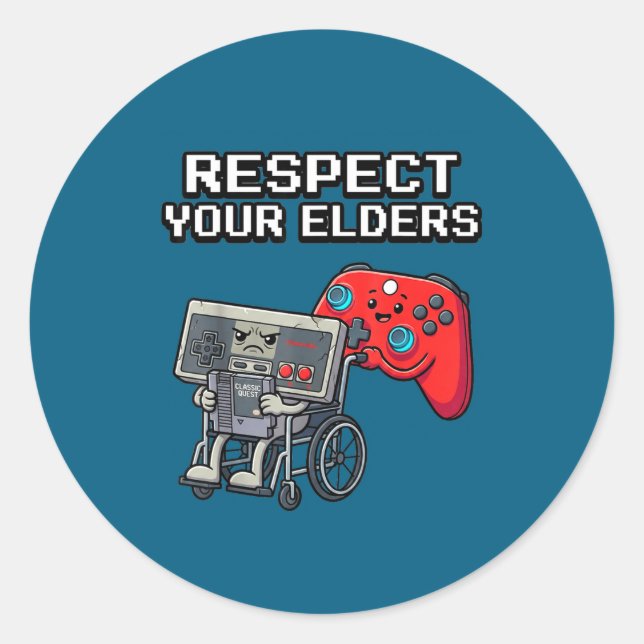 Pegatina Redonda Respect Your Elders Retro Gaming Funny Gamer Contr (Anverso)