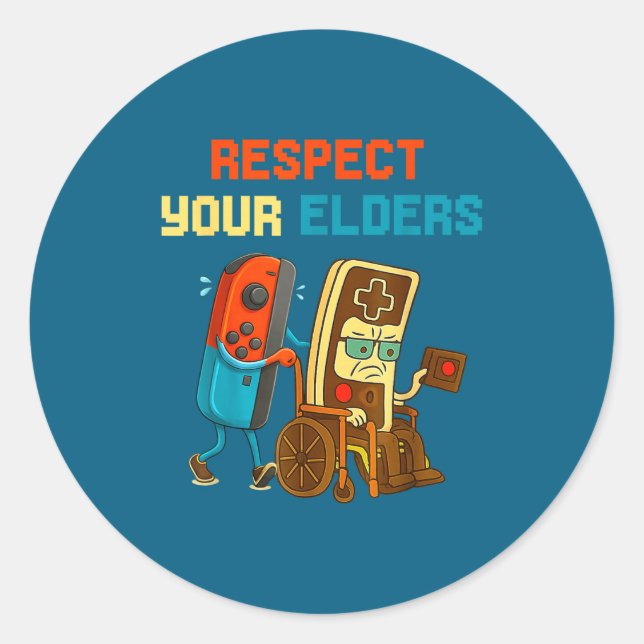 Pegatina Redonda Respect Your Elders Retro Gaming Funny Gamer Contr (Anverso)
