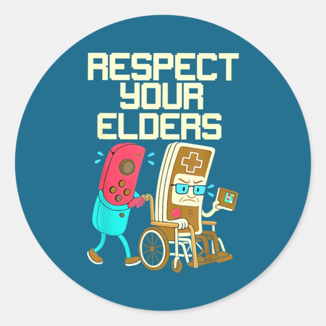 Pegatina Redonda Respect Your Elders Retro Gaming Funny Gamer Contr (Anverso)