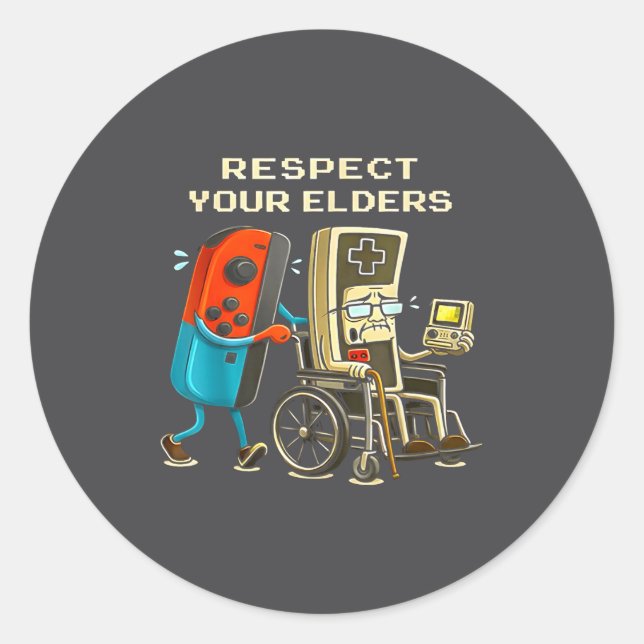 Pegatina Redonda Respect Your Elders Retro Gaming Funny Gamer Contr (Anverso)