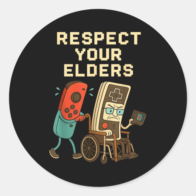 Pegatina Redonda Respect Your Elders Retro Gaming Funny Gamer Contr (Anverso)