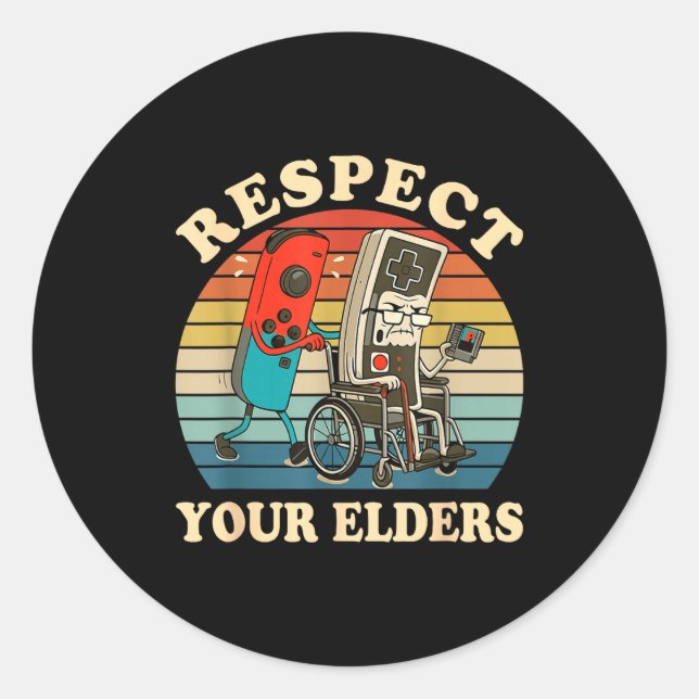 Pegatina Redonda Respect Your Elders Retro Gaming Funny Gamer Contr (Anverso)