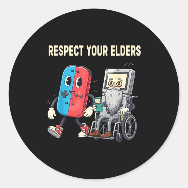 Pegatina Redonda Respect Your Elders Retro Gaming Funny Gamer Contr (Anverso)