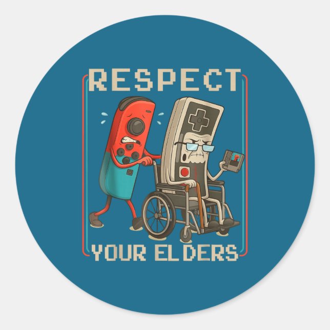 Pegatina Redonda Respect Your Elders Retro Gaming Funny Gamer Contr (Anverso)