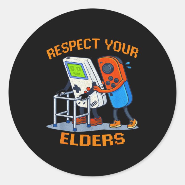 Pegatina Redonda Respect Your Elders Retro Gaming Funny Gamer Contr (Anverso)
