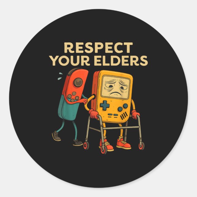 Pegatina Redonda Respect Your Elders Retro Gaming Funny Gamer Contr (Anverso)