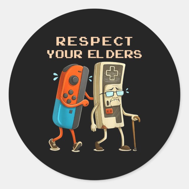 Pegatina Redonda Respect Your Elders Retro Gaming Funny Gamer Contr (Anverso)