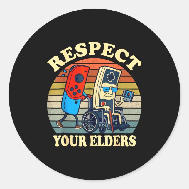 Pegatina Redonda Respect Your Elders Retro Gaming Funny Gamer Contr (Anverso)