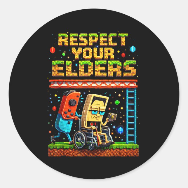 Pegatina Redonda Respect Your Elders Retro Gaming Xel Gamer Control (Anverso)