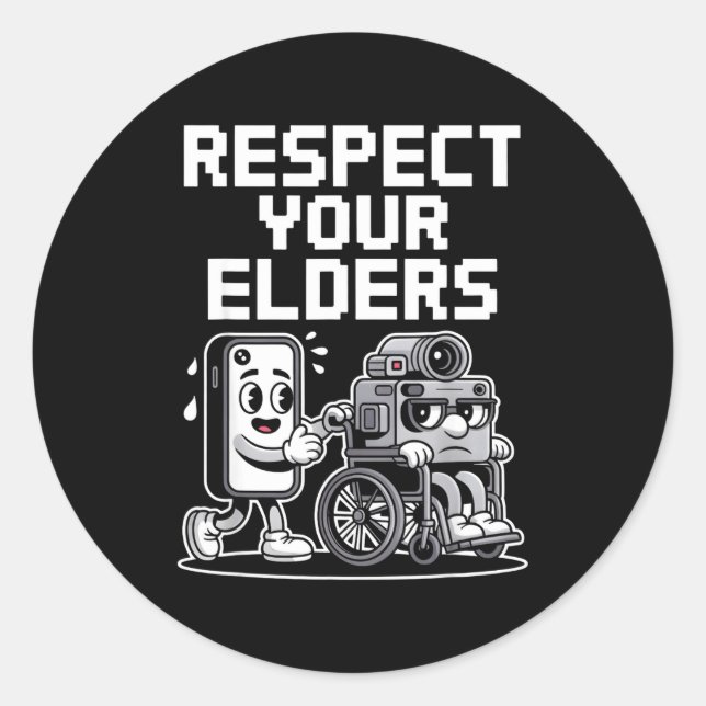 Pegatina Redonda Respect Your Elders Retro Tech Camera Phone Cartoo (Anverso)